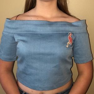 Denim 3x1 off the shoulder top with Pink flamingo